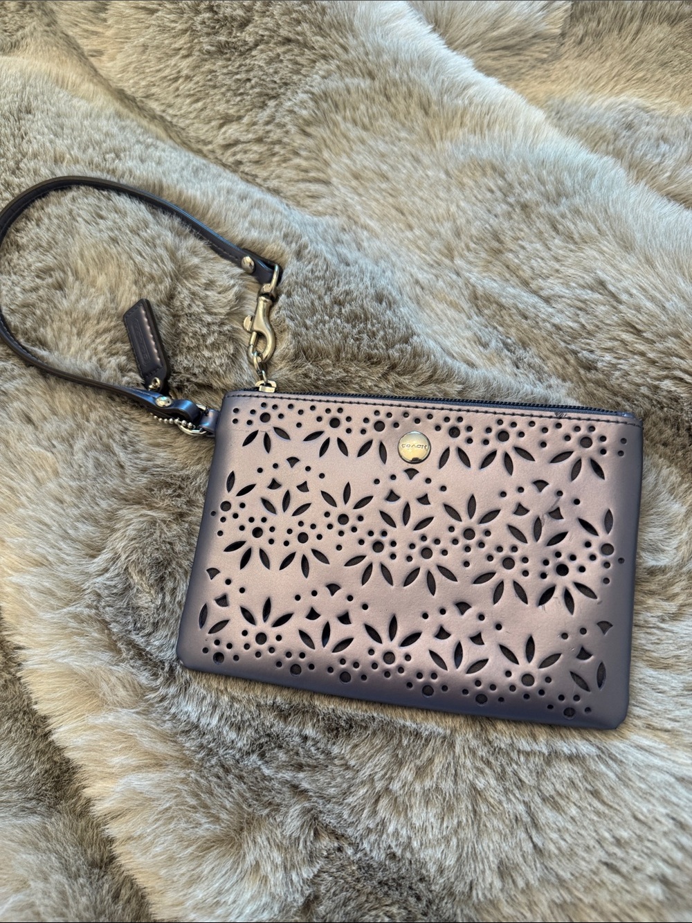 Coach Metallic Lavender Laser-Cut Wristlet with Floral Cutouts